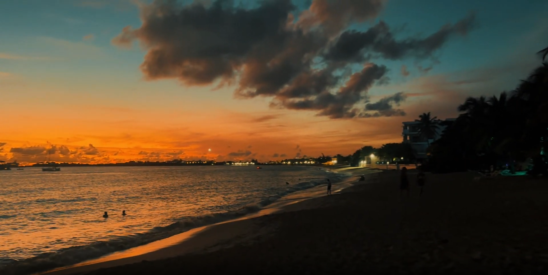 Sunset over the beach and shoreline in St. Maarten